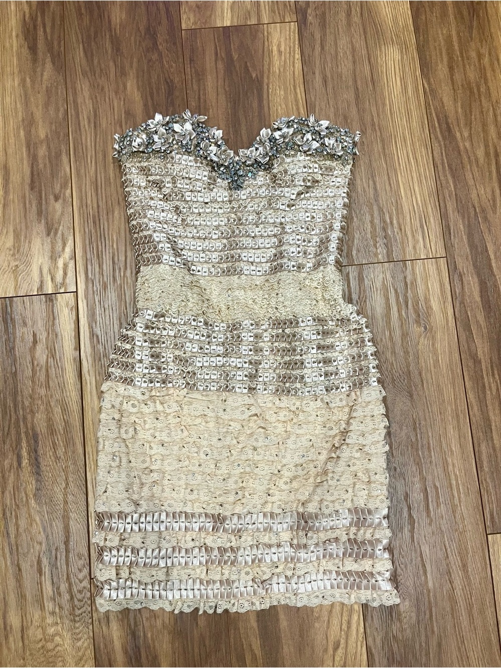 Terani Couture Champagne Beaded Strapless Cocktail Dress Size 4